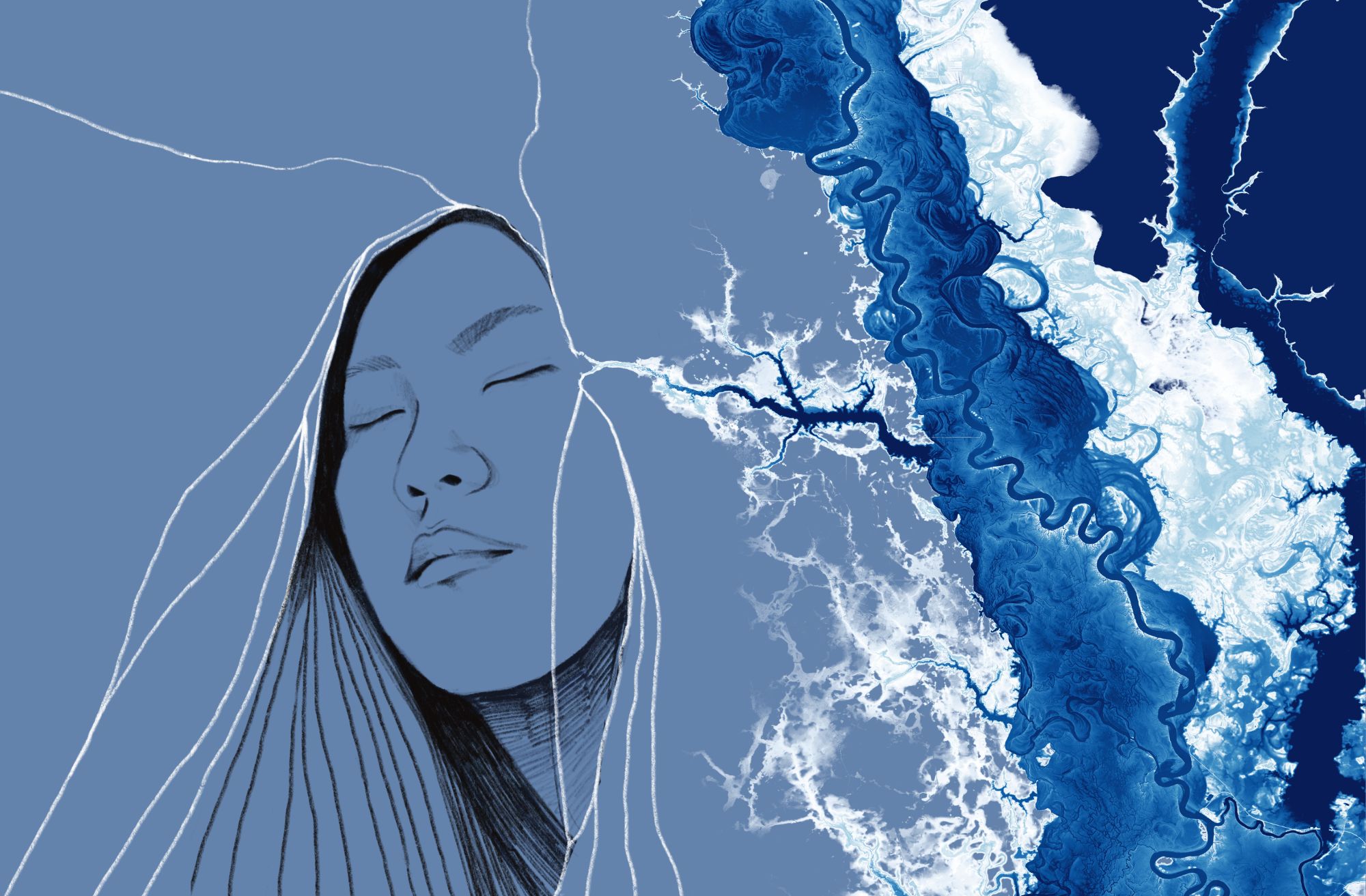 A portrait in black overlapping a river visualization from dark navy to an icy blue.