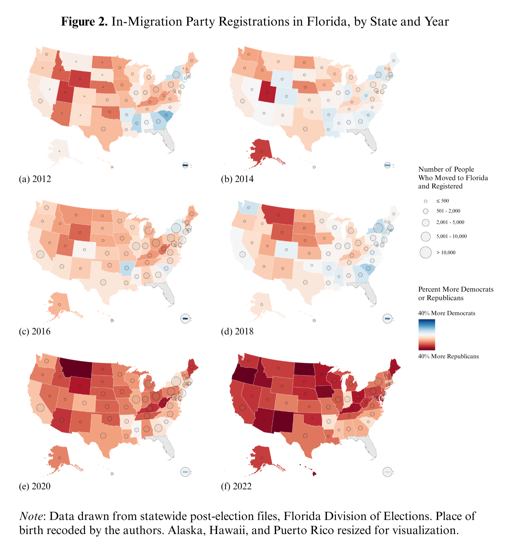 Map of political party affiliation of voters who moved to Florida every two years from 2012 to 2022.