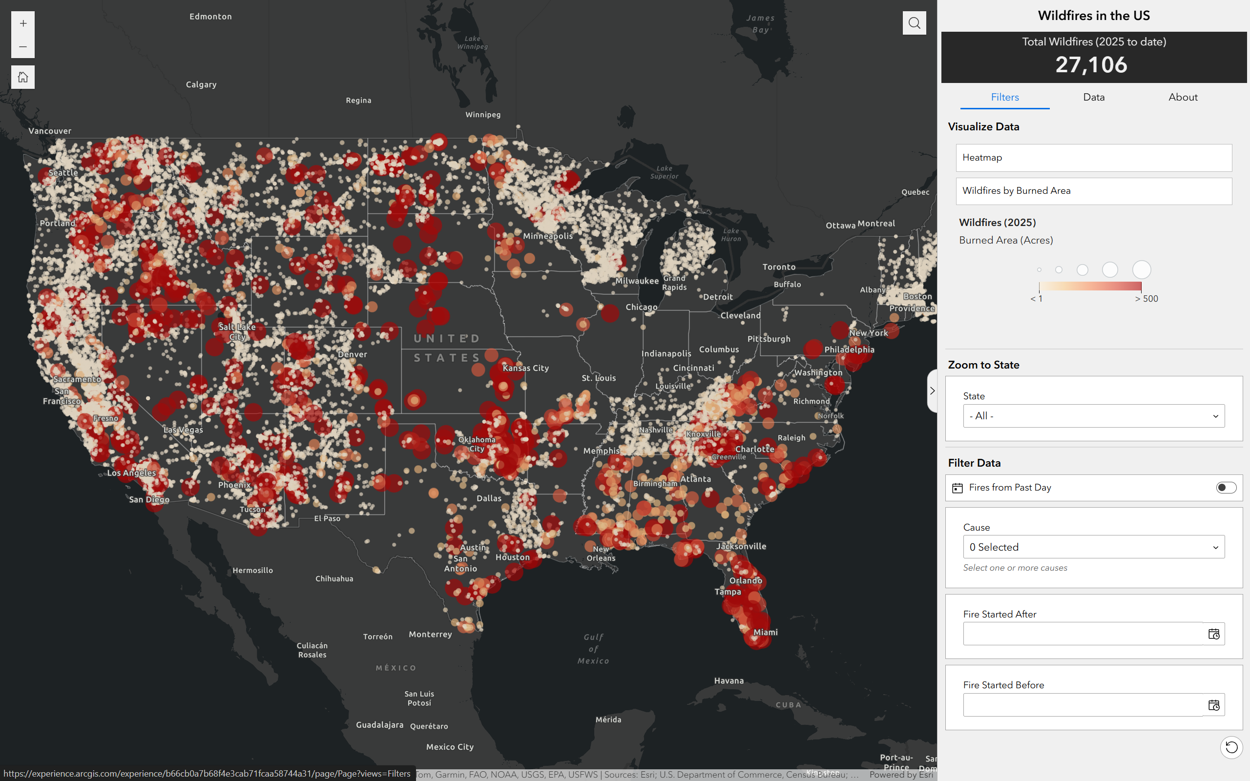 Dashboard of fires across the US.