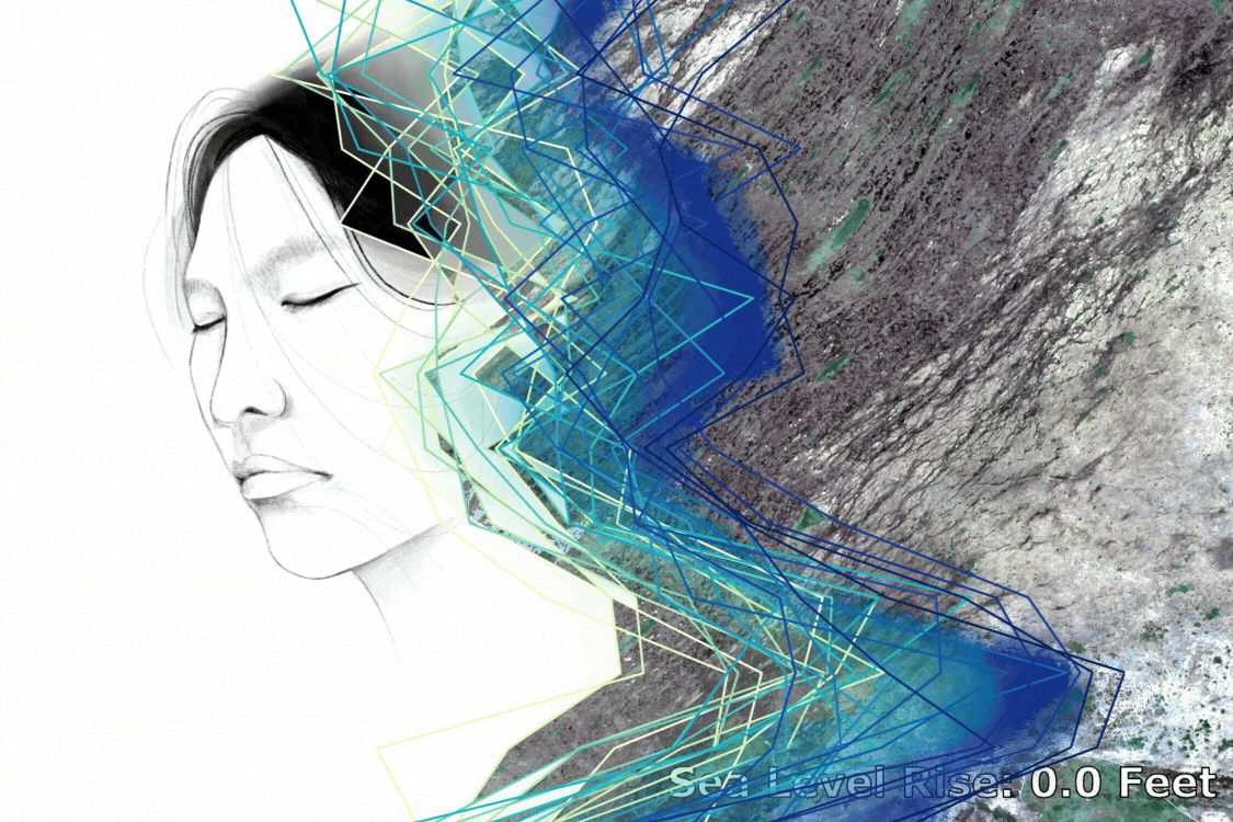 A digital self portrait, overlaid with a series of colored lines depicting sea level rise and a timelapse of sea level rise over a satellite image.