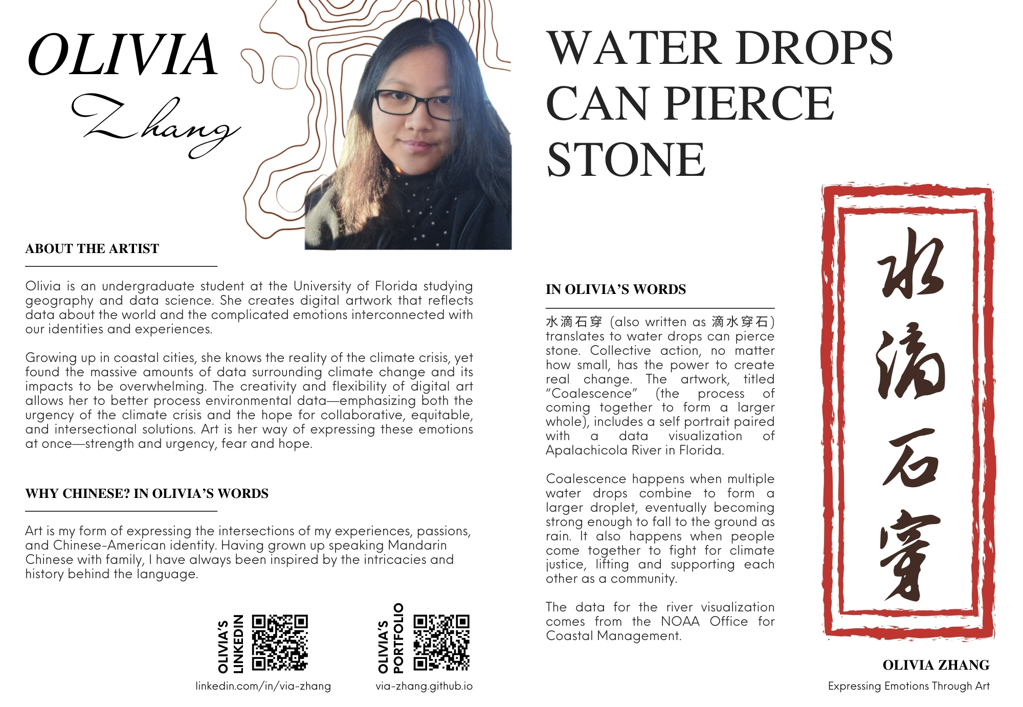 A two-page spread titled Water Drops Can Pierce Stone with the Chinese characters written.