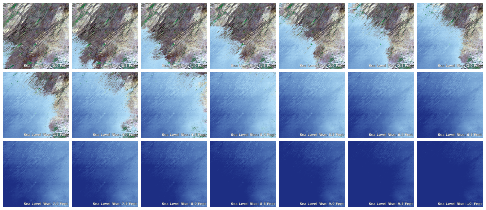 Figure with 21 images showing projected flooding from sea level rise of 0 feet to 10 feet for a part of the Everglades in South Florida.
