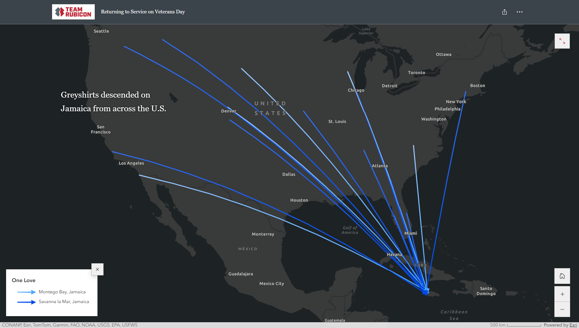 Map showing multiple arrows from across the US, representing where volunteers traveled, pointing to Jamaica