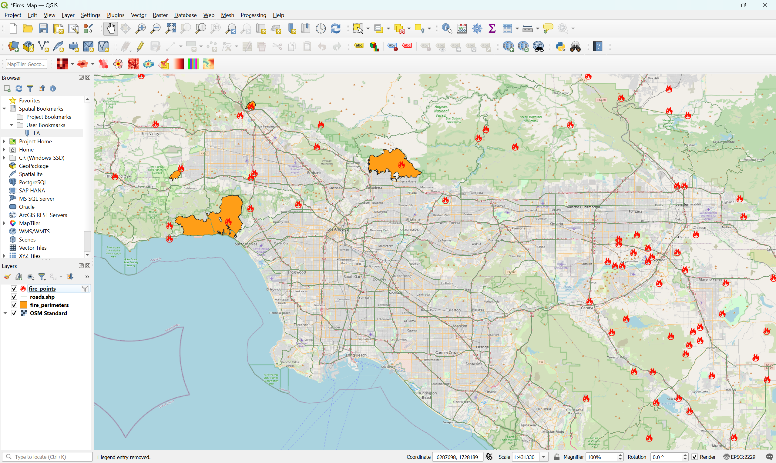 Screenshot of QGIS with the fire points