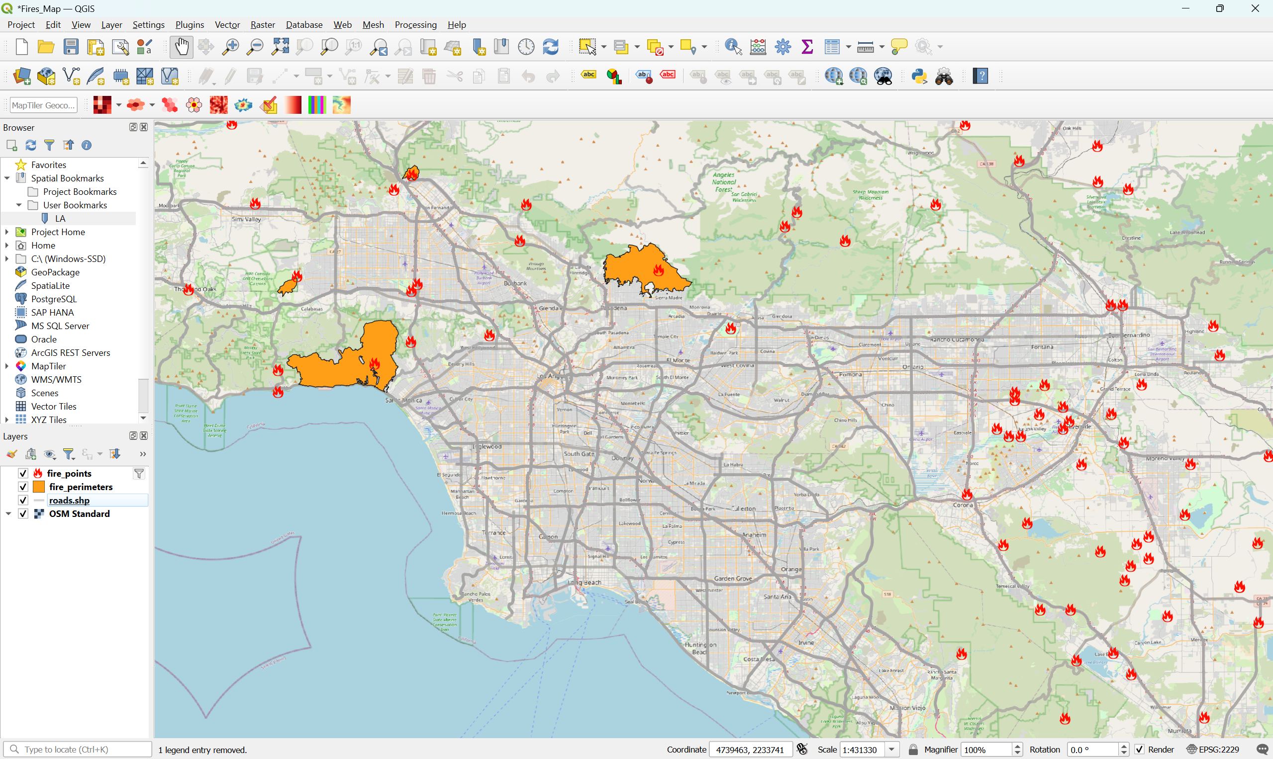 Screenshot of QGIS with the roads